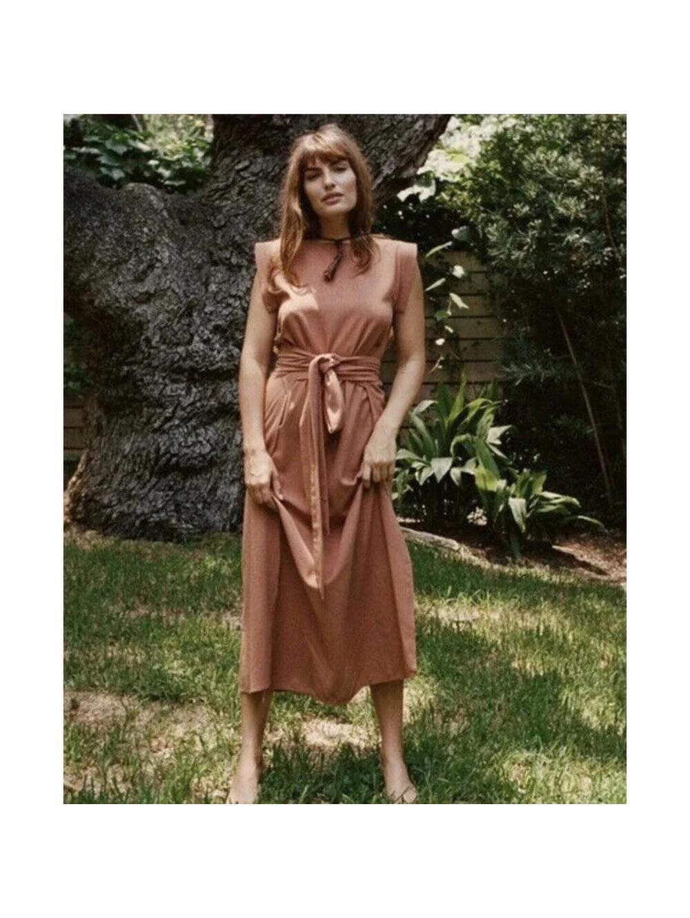 DÔEN Ash Wrap Dress XS Oaken Brown 100% Raw Silk Maxi Boho $328